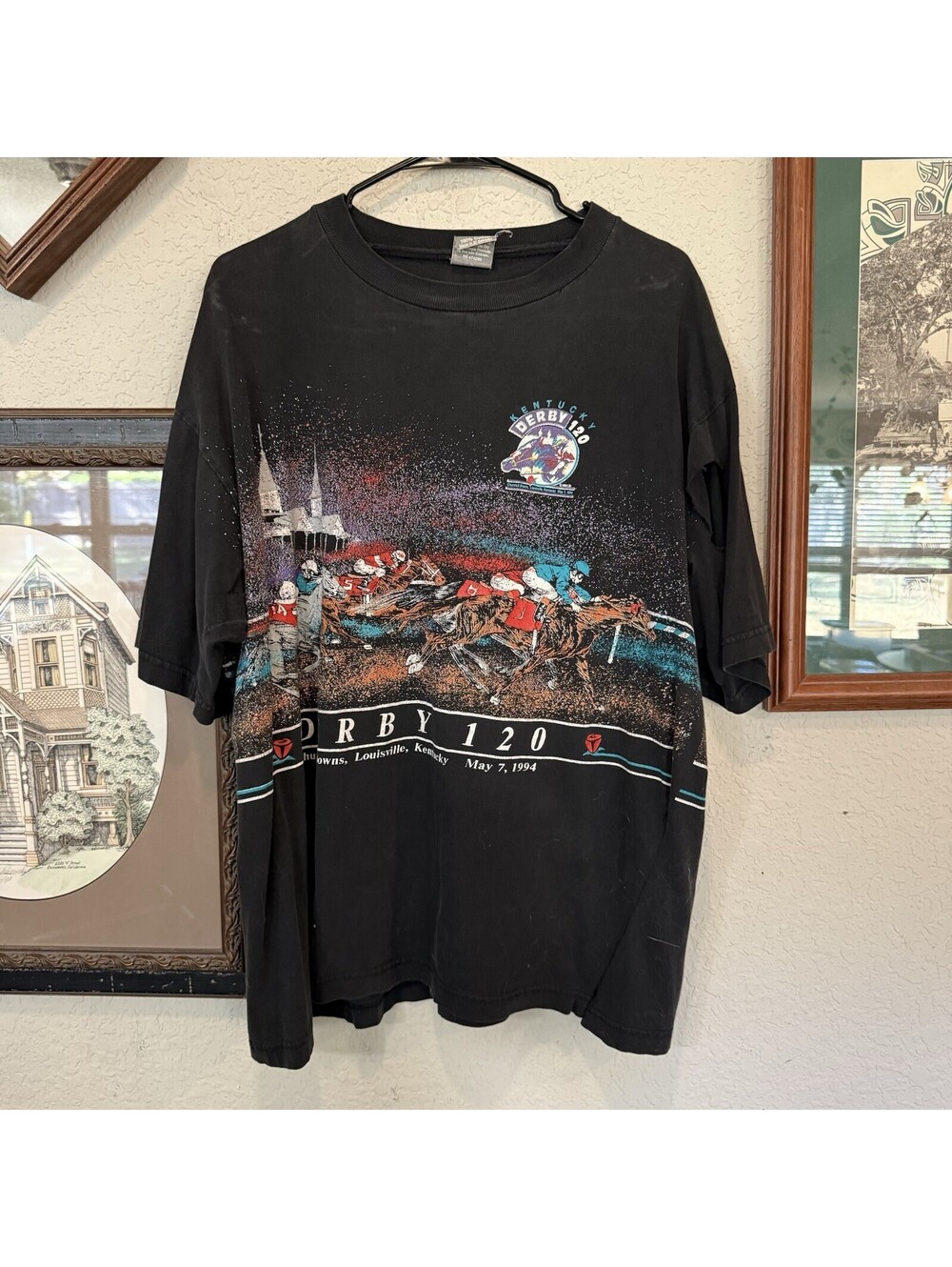 Vintage 90s Black Kentucky Derby 120 American Thunder Churchill Thrashed Sz XL